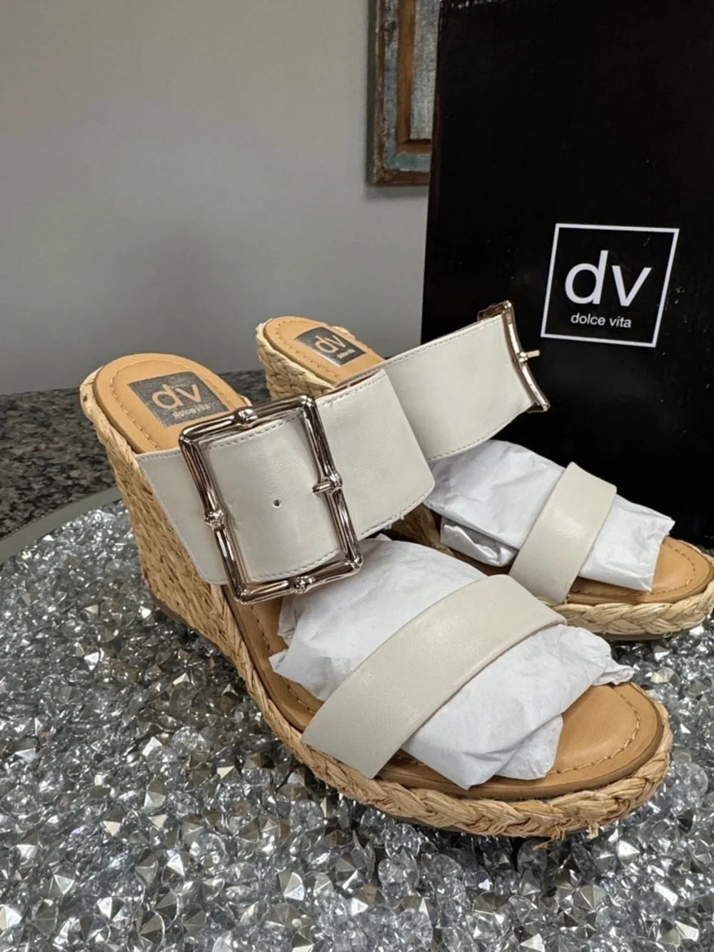 Dolce Vita Cream Woven Espadrille Wedge Sandals with Gold Buckle NEW 10